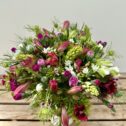 Fresh cut flowers. Hand-Tied Seasonal Bouquet - 100% British in April. Bouquet features Brodiaea, Dubium, Sweet William, Nigella, Alstroemeria, Scented Pinks. Vase not included.