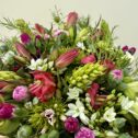 Fresh cut flowers. Hand-Tied Seasonal Bouquet - 100% British in April. Bouquet features Brodiaea, Dubium, Sweet William, Nigella, Alstroemeria, Scented Pinks. Vase not included.