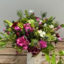 A Hand-Tied 100% British Posy from Mid May. Posy includes Sweet William, Alstroemeria, Scented Pinks, Dubiums, Nigella and Solomon Seal.