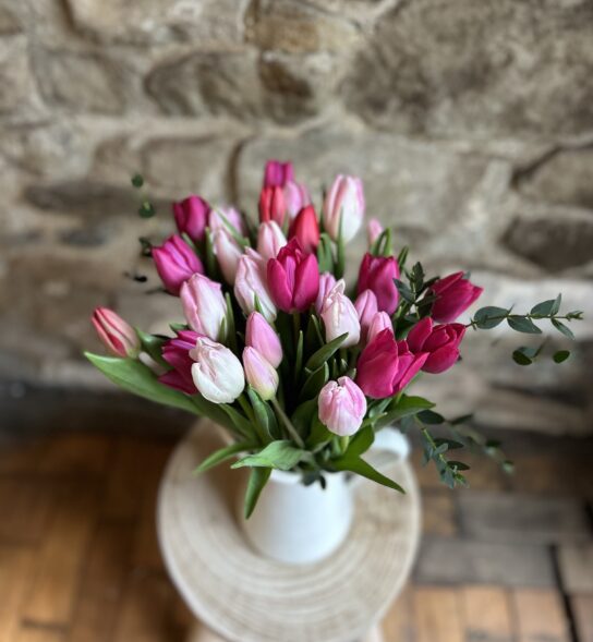 A bouquet of Pink Tulips. The bouquet features Tulips of different varieties in differing shades of Pink.