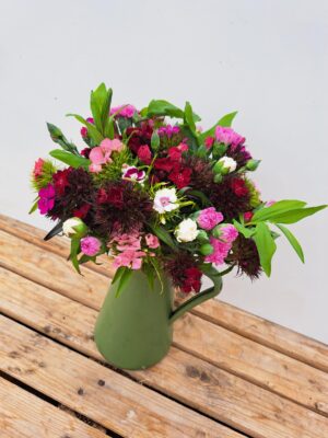 A bunch of Cornish Scented Pinks & Sweet William in shades of Pink, white, reds and purples. Vase not included.