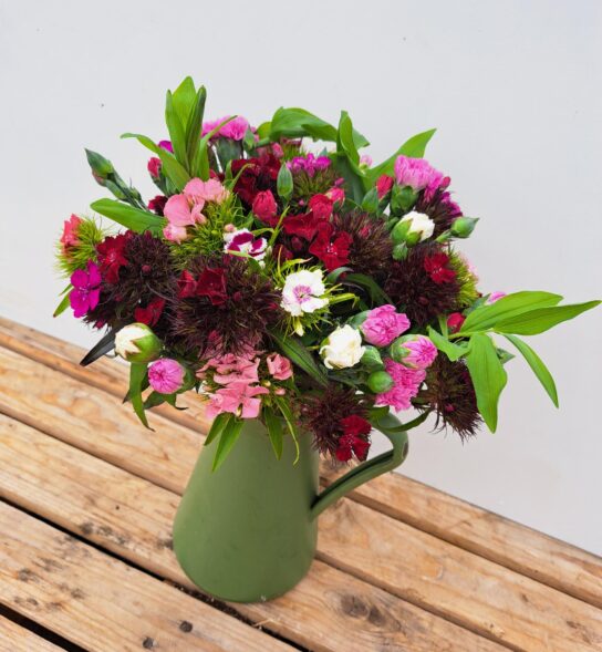 A bunch of Cornish Scented Pinks & Sweet William in shades of Pink, white, reds and purples. Vase not included.