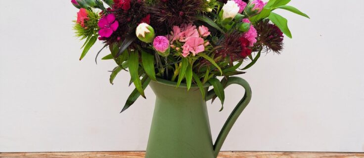A bunch of Cornish Scented Pinks & Sweet William in shades of Pink, white, reds and purples. Vase not included.